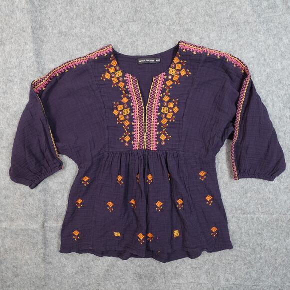 Antik Batik Top Womens Medium Embroidered Floral Boho Gauze Notched V-Neck - Picture 1 of 11